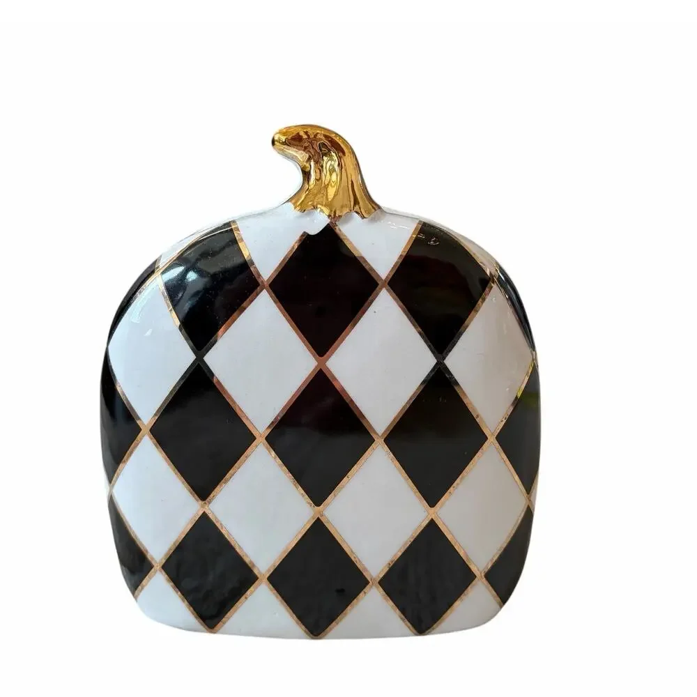 Black & White Harlequin Check Pumpkin Napkin Holder 6in Ceramic Halloween NEW